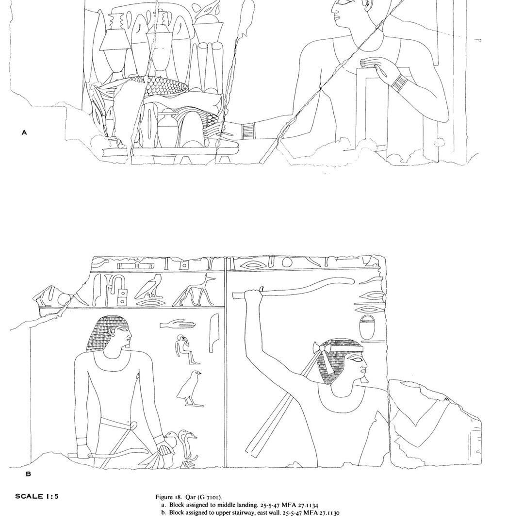 Figure 18. Qar (G 7101). a. Block assigned to middle landing. 25-5-47 MFA 27.1134; b. Block assigned to upper stairway, east wall. 25-5-47 MFA 27.1130
