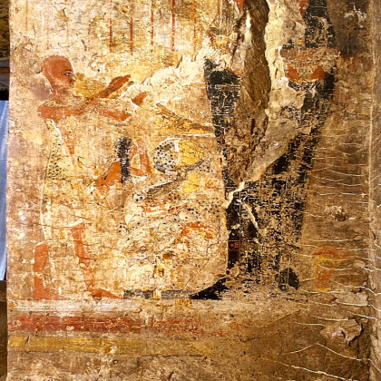 Saqqara, Tomb of Thotmes, Wall scene with double sarcophagus of Thotmes and Iniy