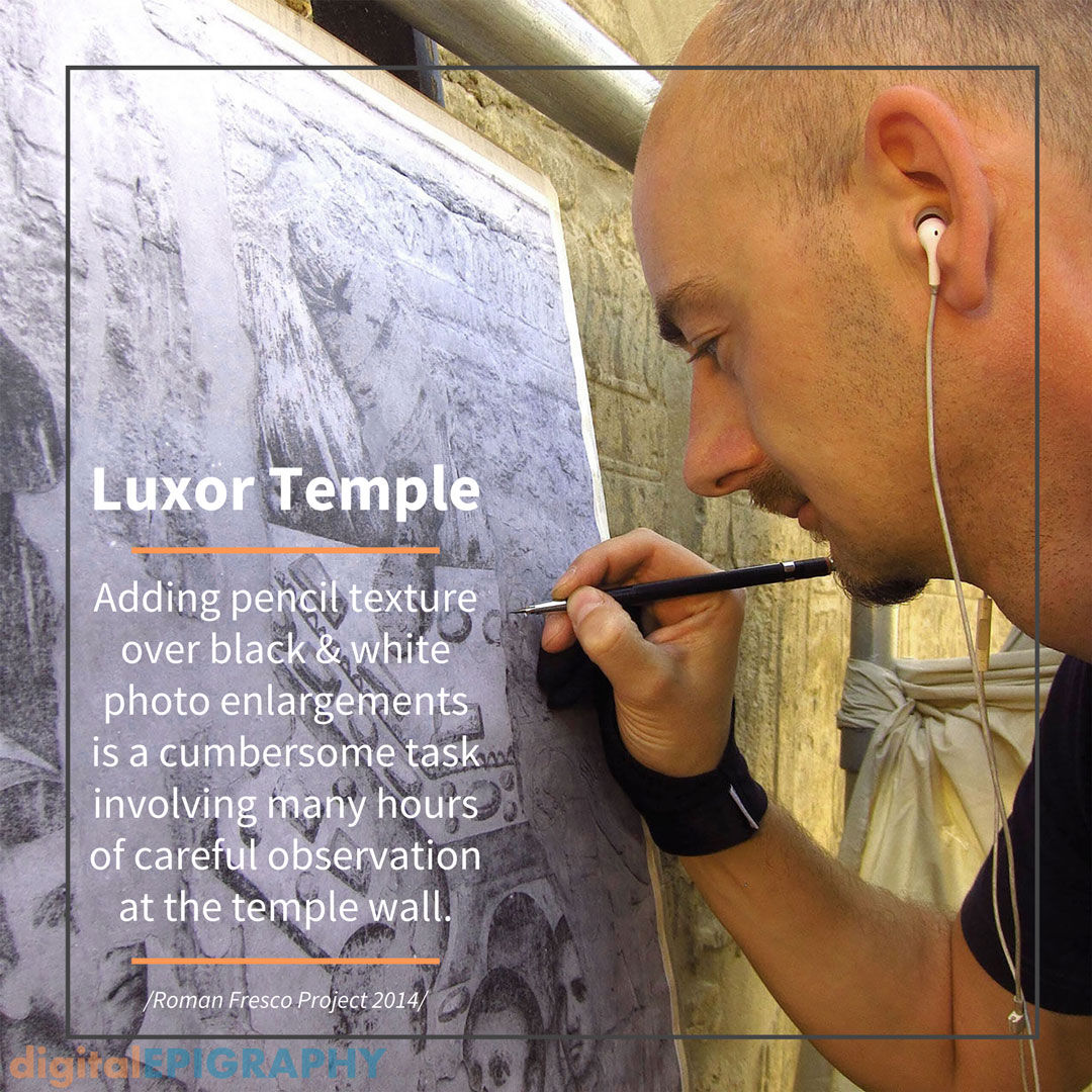 Pencil texturing on photo enlargement documenting late-Roman murals at Luxor Temple