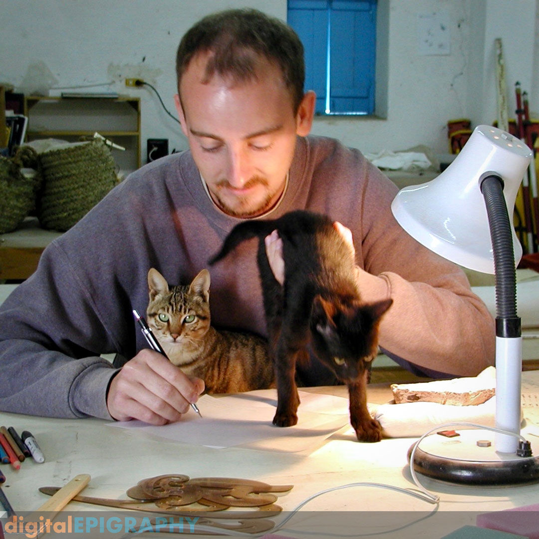 Drawing fragments from the Osiris Temple at Abydos with assisting cats 