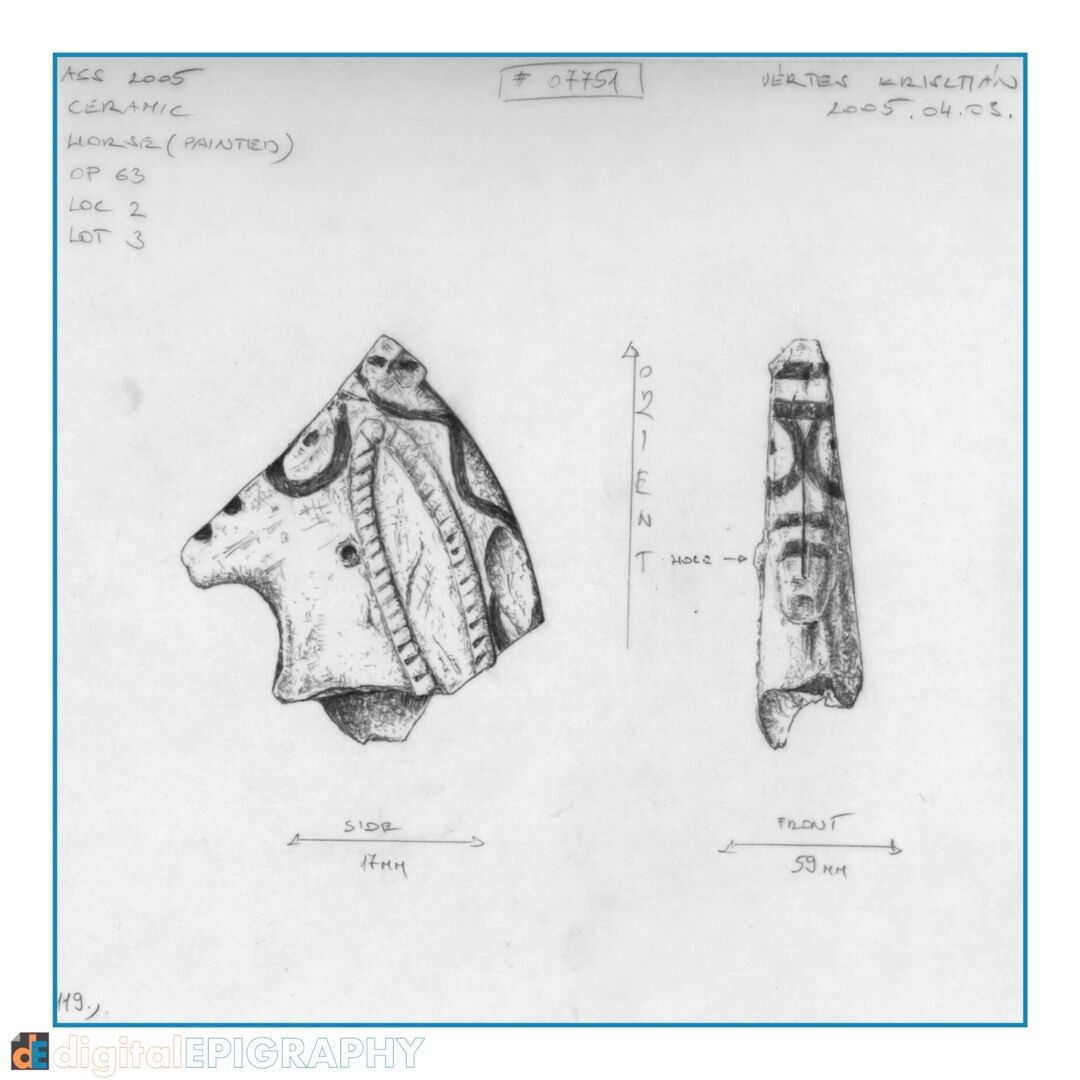 Pencil drawing of a painted ceramic horse head from the Abydos Settlement Site