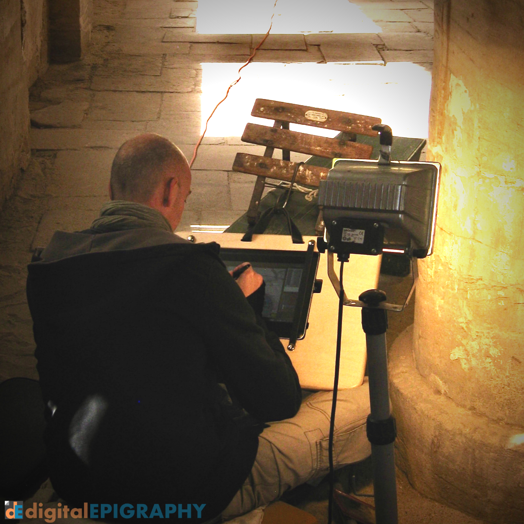 Penciling the Achoris columns on Wacom's Companion tablet PC in the Small Amun Temple at Medinet Habu