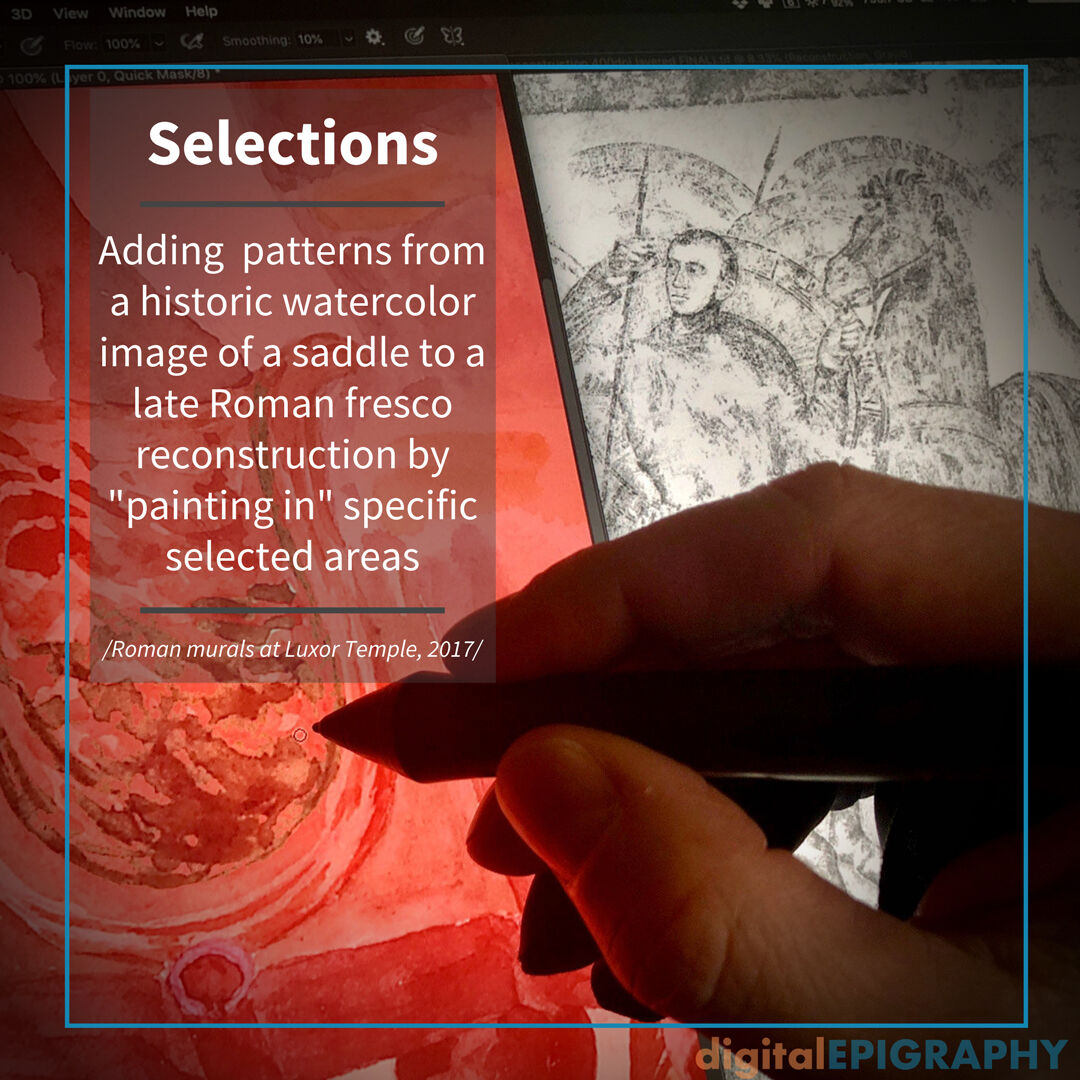 Adding specific patterns from a historic watercolor image of a saddle to the roman fresco reconstruction at Luxor temple