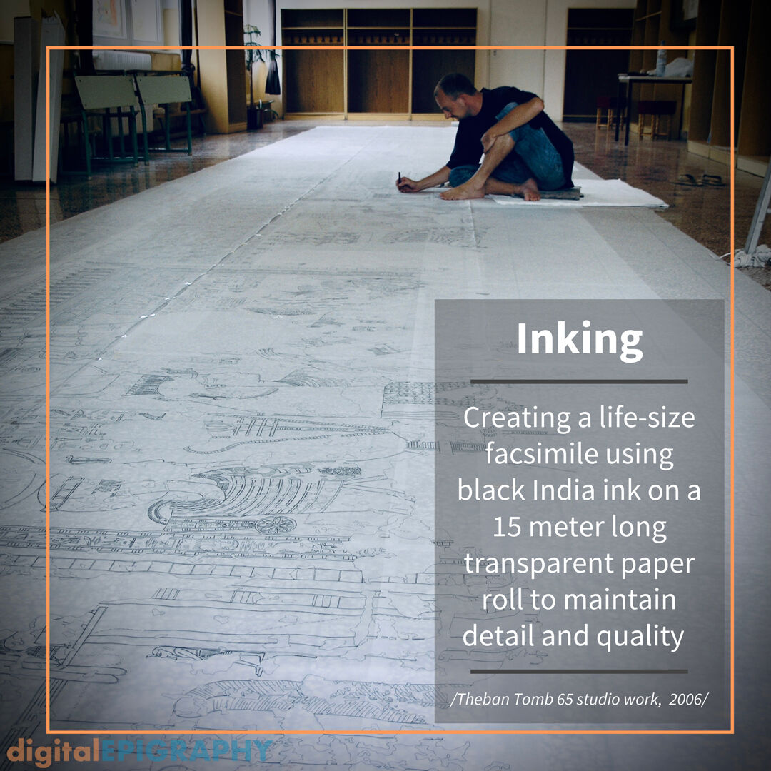 Inking a 15 meter long life-size facsimile drawing from TT 65, the Theban tomb of Imiseba