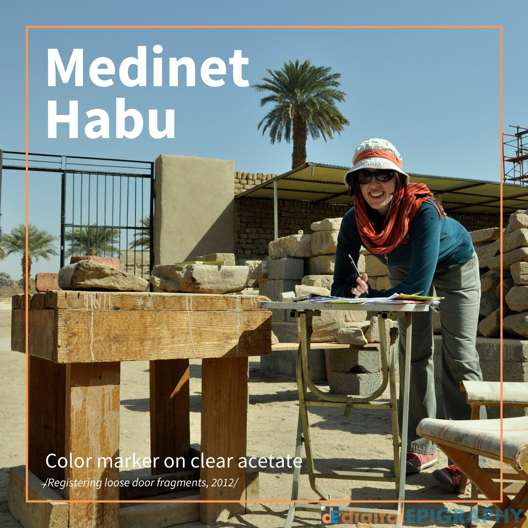 Júlia Schmied Registering Loose Door Fragments in the Medinet Habu Blockyard