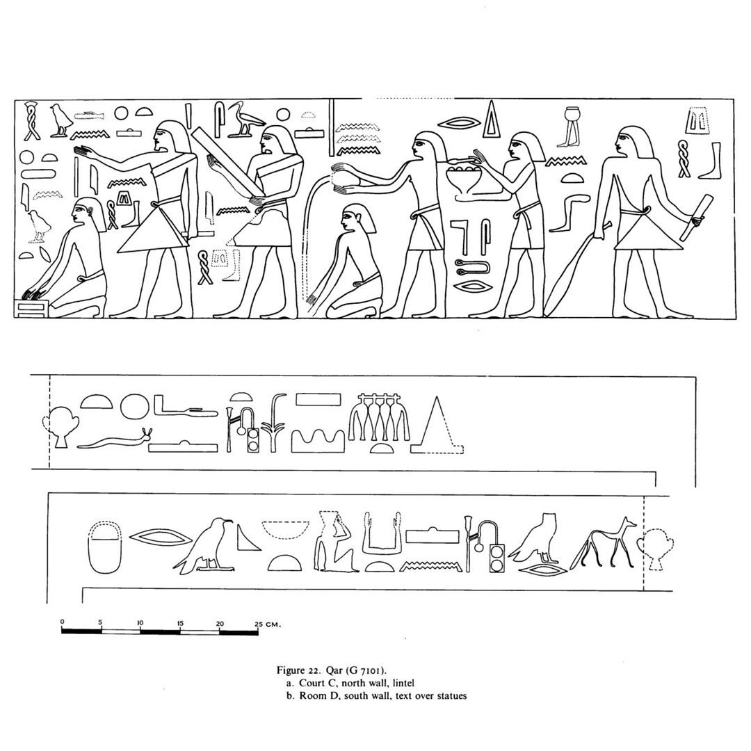 Figure 22. Qar (G 7101). a. Court C, north wall, lintel b. Room D, south wall, text over statues