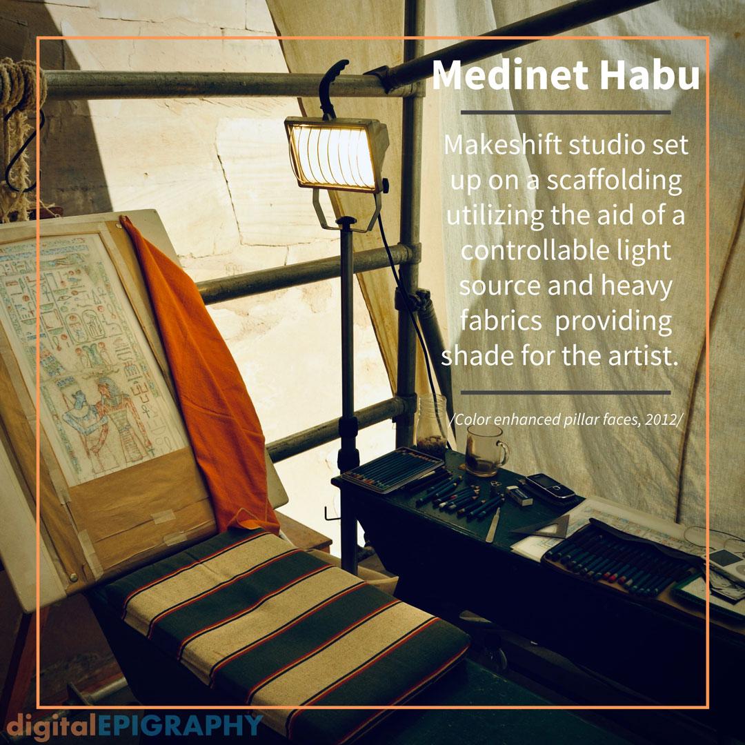 Makeshift studio on a scaffolding for documenting painted remains at Medinet Habu