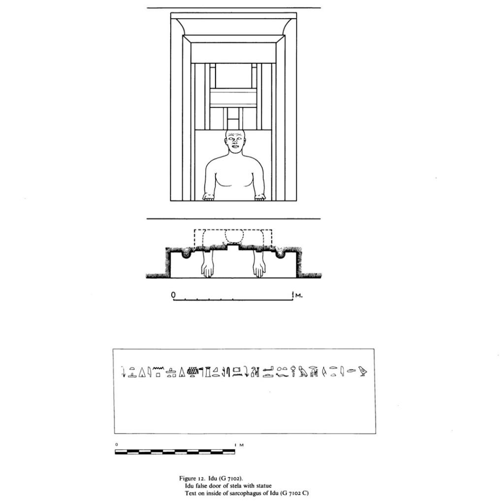 Figure 12. Idu (G 7102). a. Idu false door of stela with statue; b.Text on inside of sarcophagus of Idu (G 7102C)