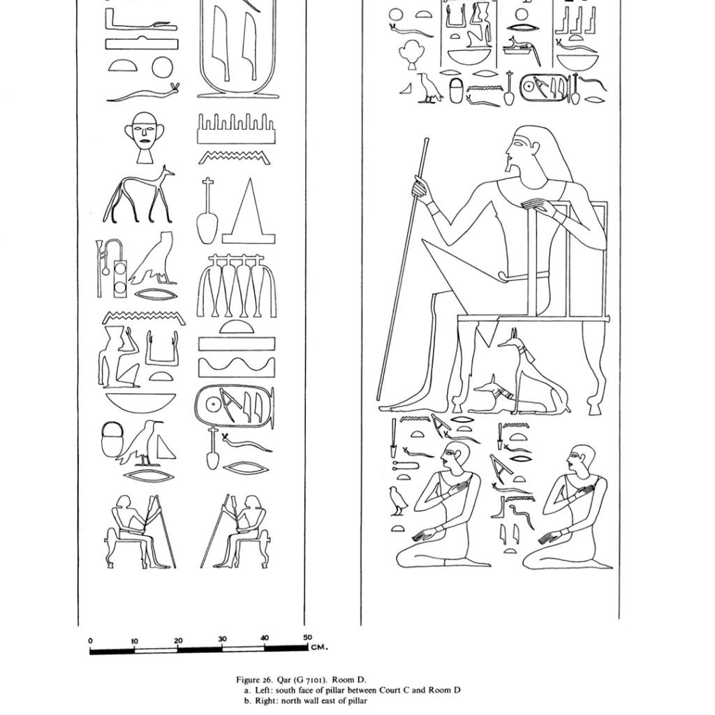 Figure 26. Qar (G 7101). Room D. a. Left. south face of pillar between Court C and Room D Right. north wall east of pillar